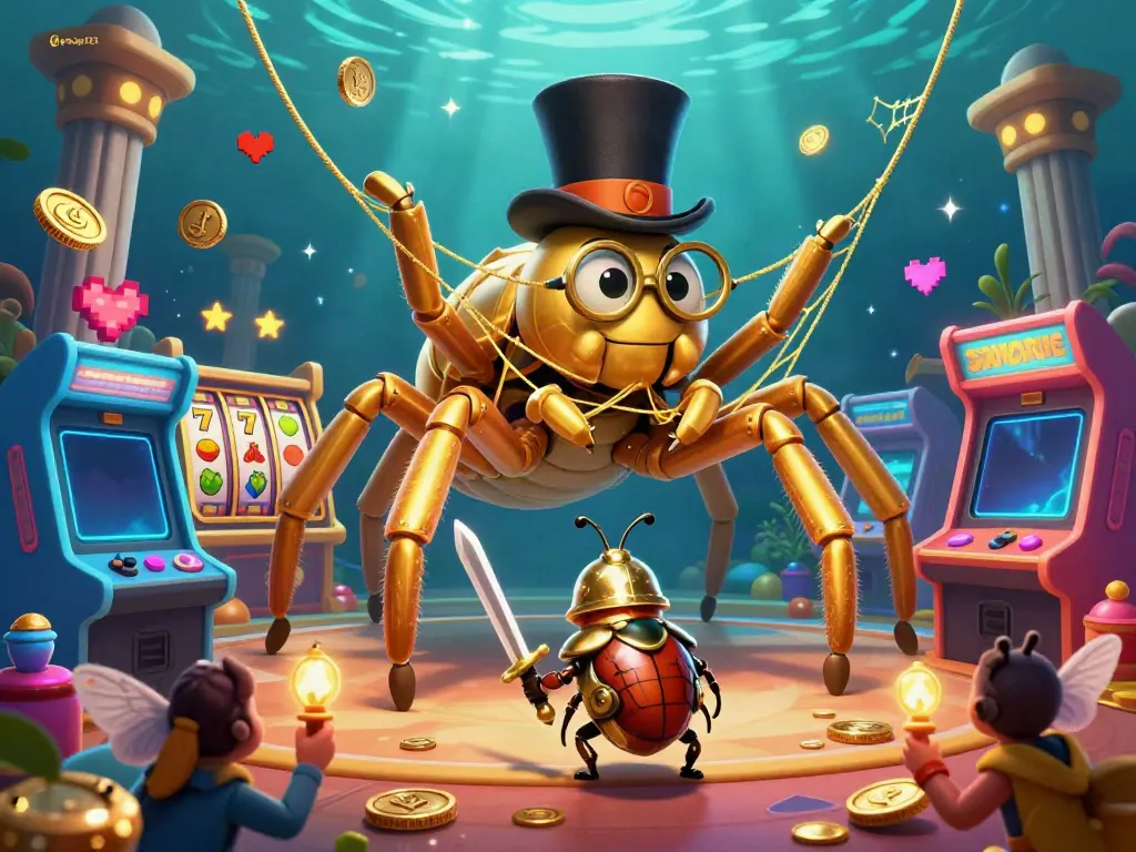 Gocap123 hadir dengan tarantula emas dan slot dalam ilustrasi penuh semangat.