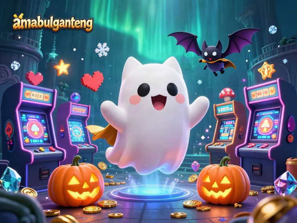 Gambaran anabulganteng saat bermain slot di kasino hantu dengan karakter kucing dan kelelawar, menampilkan keseruan