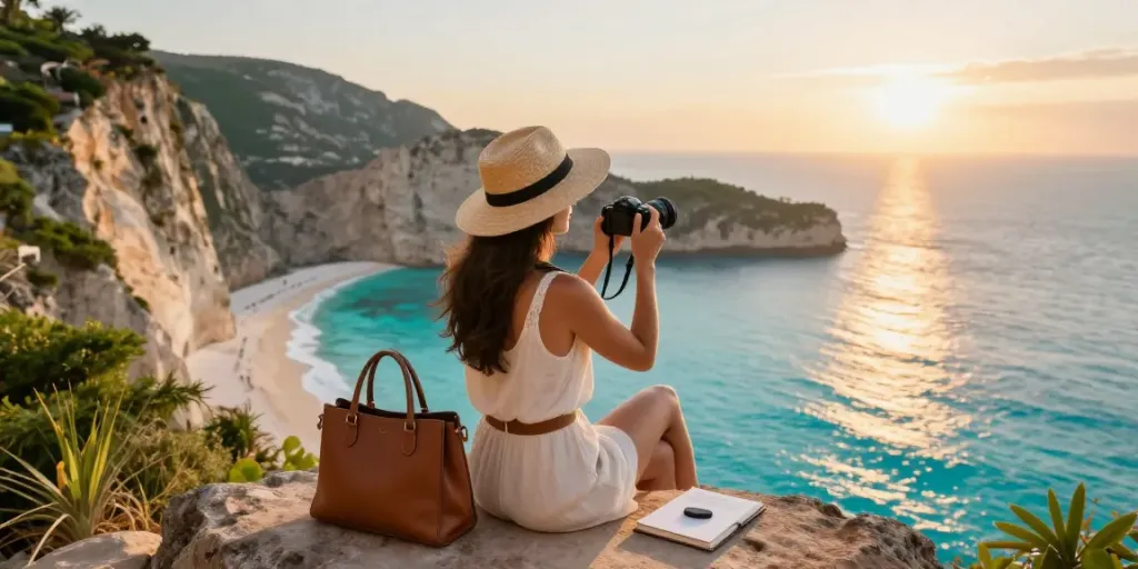 Carmen's Luxury Travel scene of a traveler enjoying a coastal sunset with stylish accessories and camera.