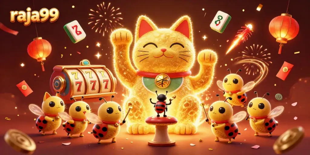 Engaging scene showcasing raja99's animated lucky cat and casino symbols, perfect for gamblers.