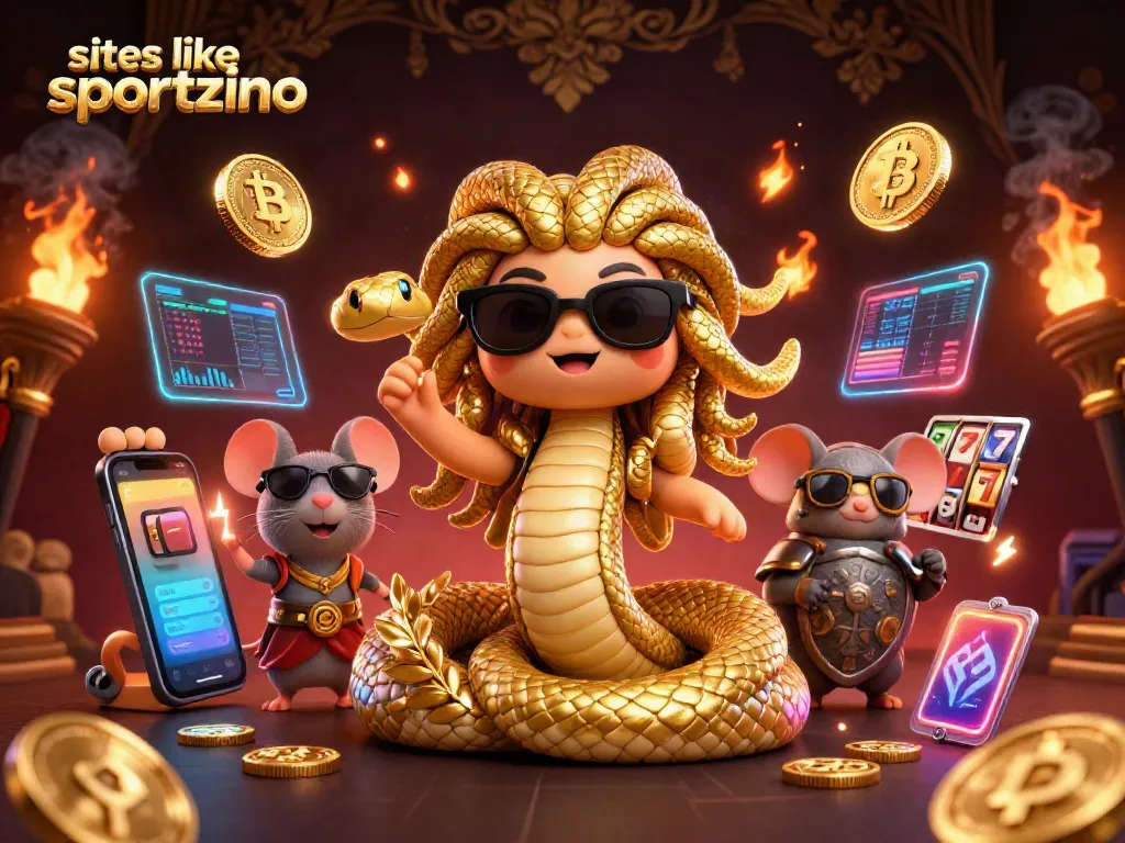 Engage with vibrant visuals of sites like Sportzino featuring a friendly Medusa and warrior, surrounded by casino elements.