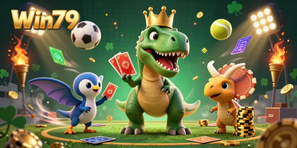 Win79 features a dinosaur innovatively playing cards in a vibrant casino setting, showcasing fun gaming energy