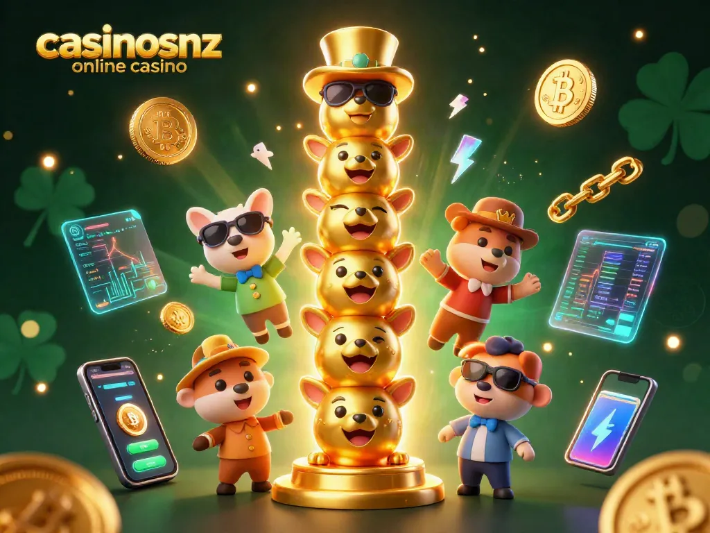 Experience the thrill of casinosnz online casino with a vibrant 3D scene showcasing crypto elements and a totem pole.