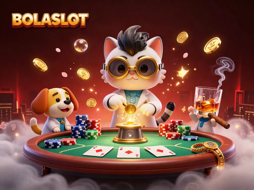 Win jackpots with BOLASLOT in this vibrant, animated casino scene with a mad scientist cat!