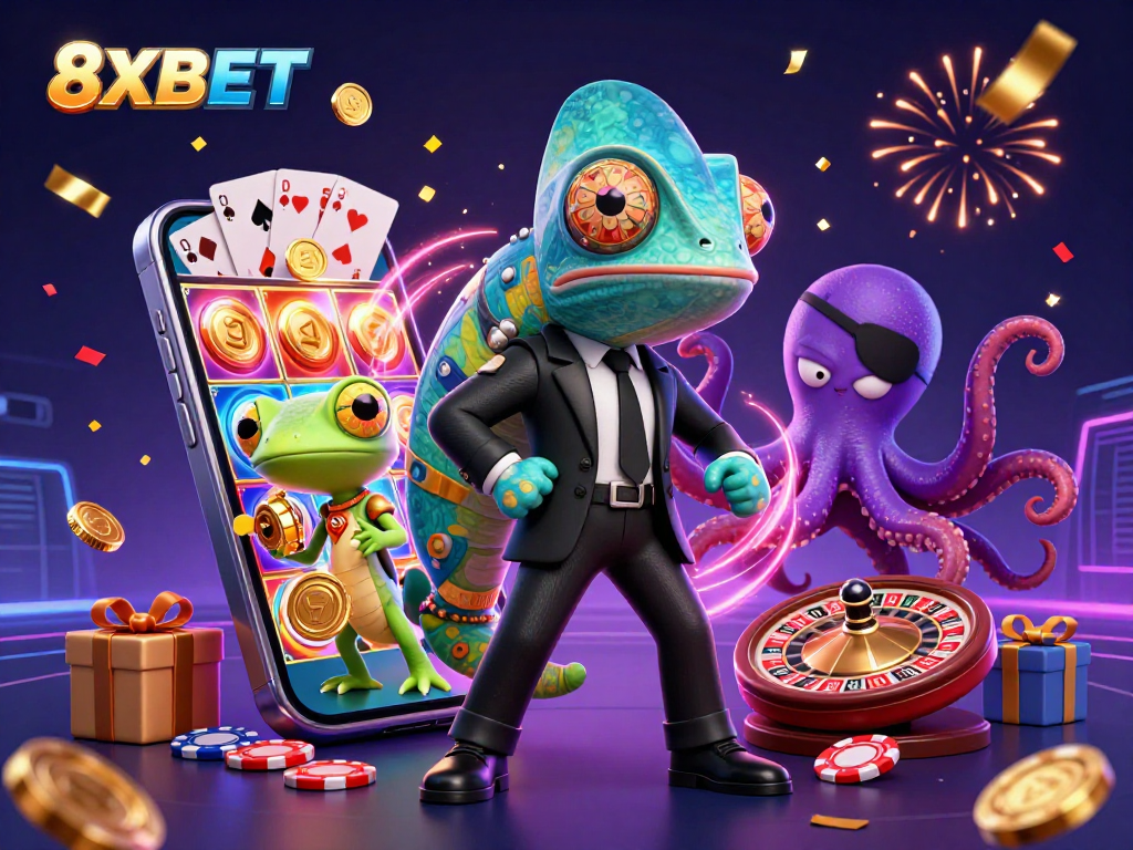Engage in thrilling gameplay with 8XBET featuring vibrant slot games and animated casino characters.