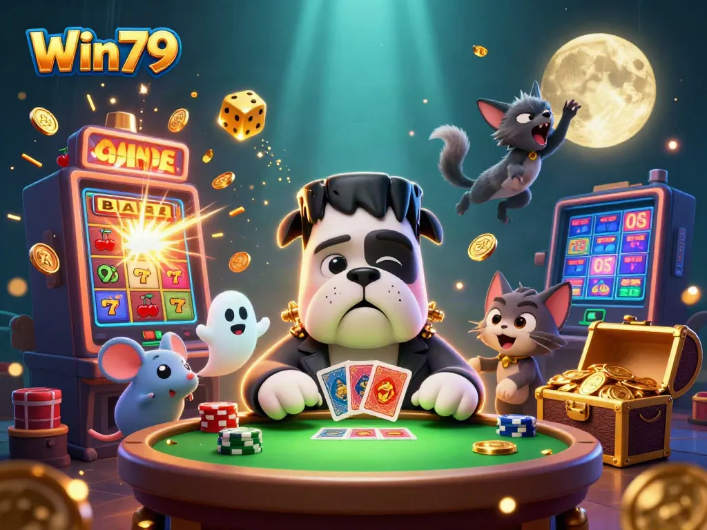 Join Win79's thrilling casino night with a Frankenstein bulldog dealer, ghost mouse, and a werewolf kitten howling at a golden moon.