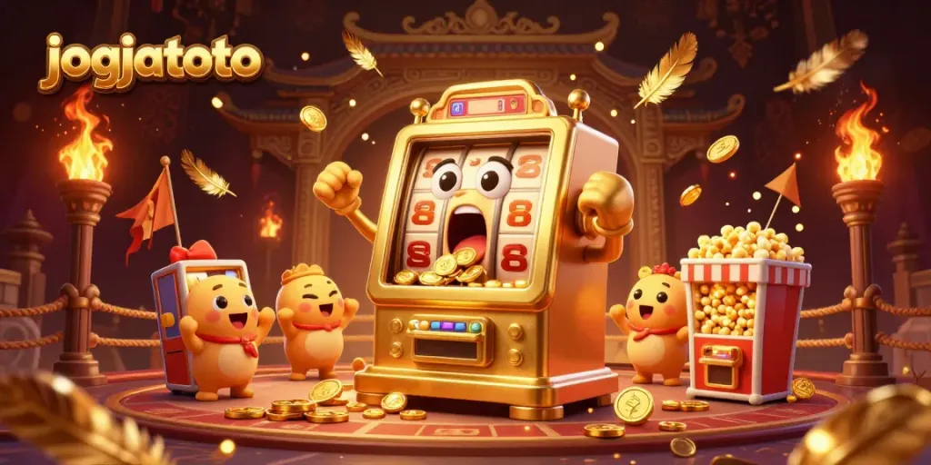 Witness jogjatoto's lively casino scene with a golden slot machine hitting a jackpot amidst cheering baby slots.