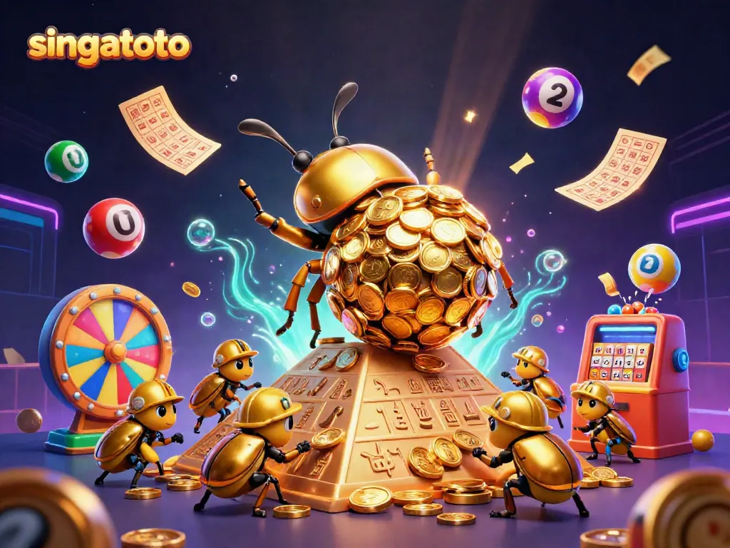 Engage with singatoto's vibrant 3D casino illustration featuring dynamic lottery elements and a golden beetle.