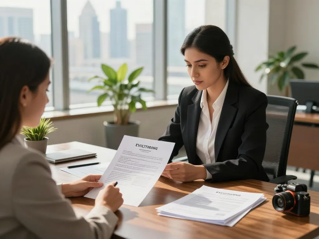 Tenant Eviction Lawyer Dubai consulting landlord in modern office.