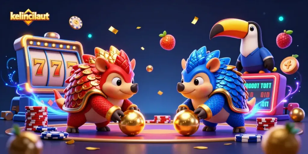 kelincilaut pangolins compete in a vibrant casino scene filled with slot reels and poker chips.