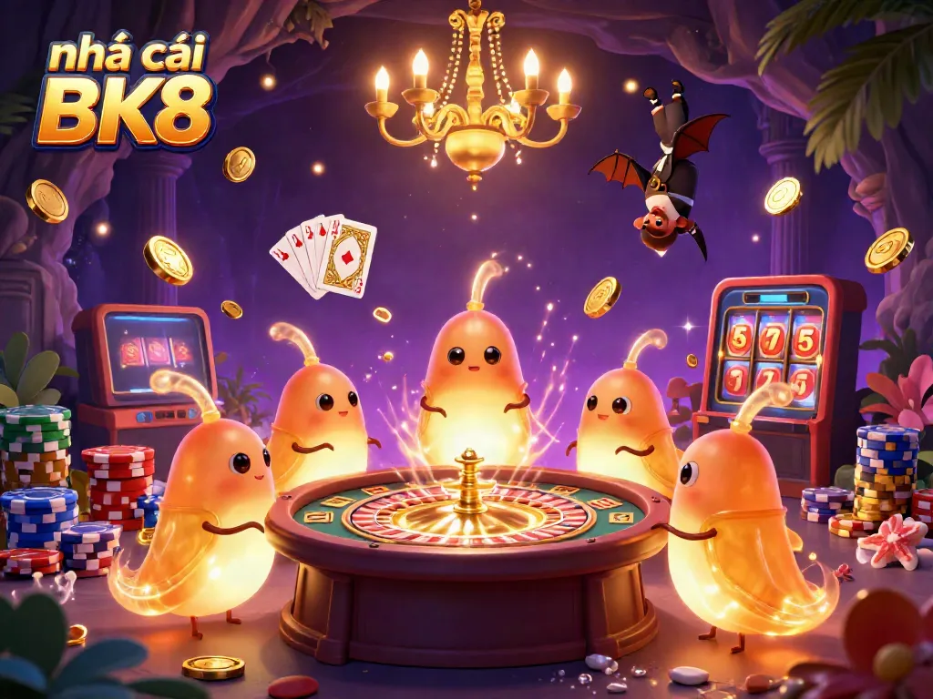 Experience the excitement of nhà cái BK8 with animated glowworms illuminating a vibrant casino scene filled with shimmering coins and playful game elements.