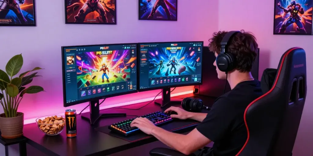 Engaged gamer playing PG SLOT on dual monitors in a vibrant gaming setup.