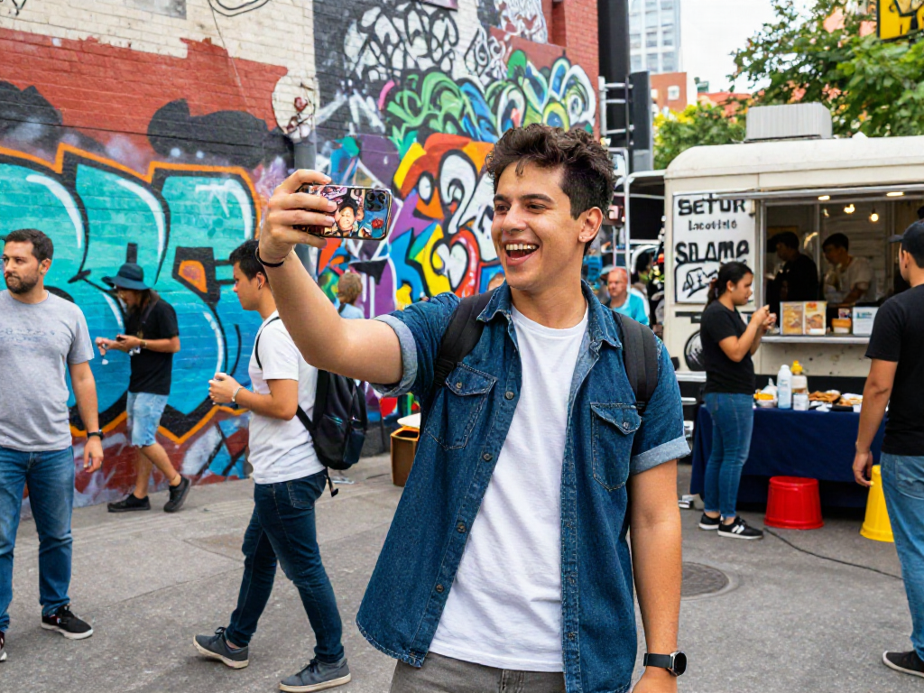 Person using a celebrity look alike app in a vibrant urban setting, showcasing the fun of finding celebs I look like.