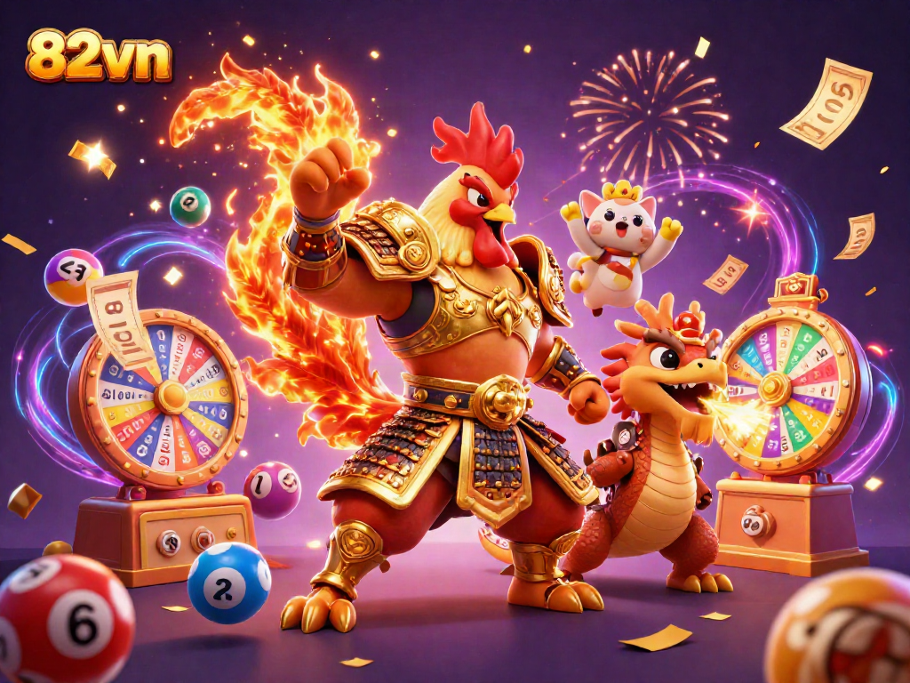 Experience the 82vn lottery excitement with vibrant characters and dynamic casino elements.