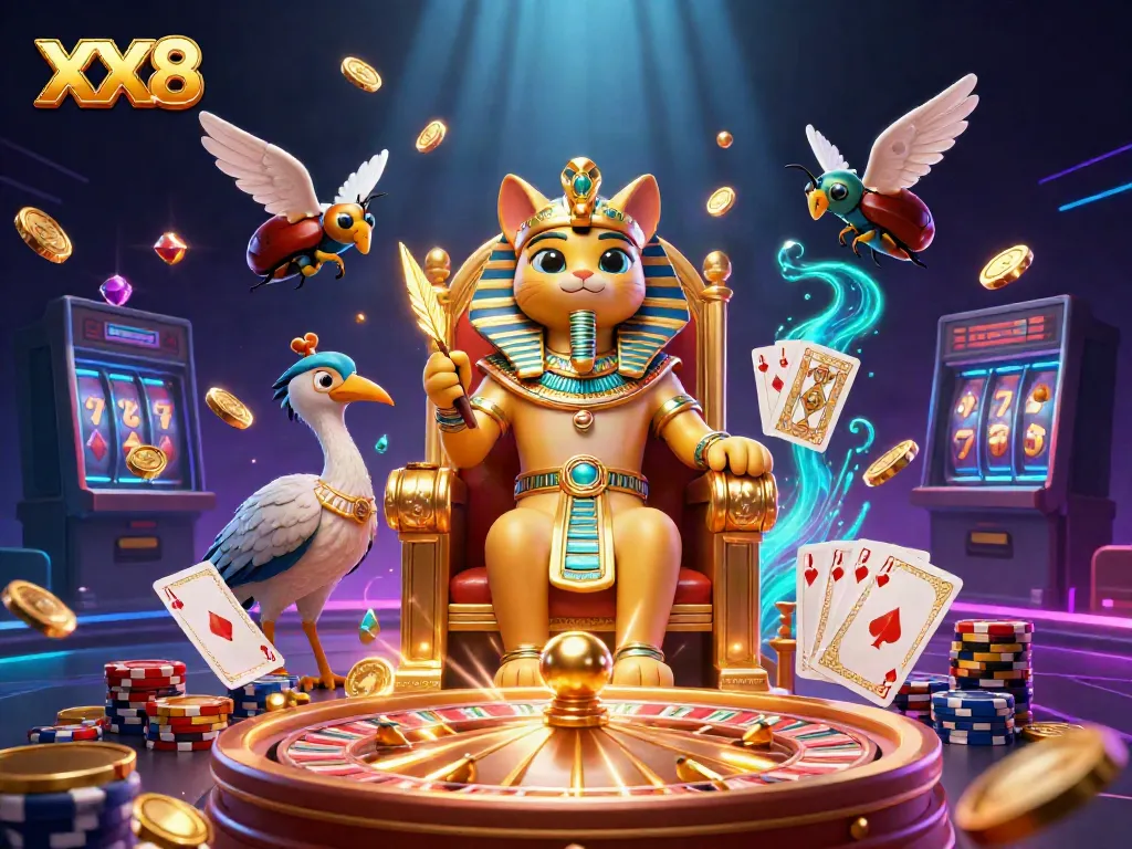 Experience the excitement at XX8 with a lively casino scene featuring a pharaoh cat and treasures.