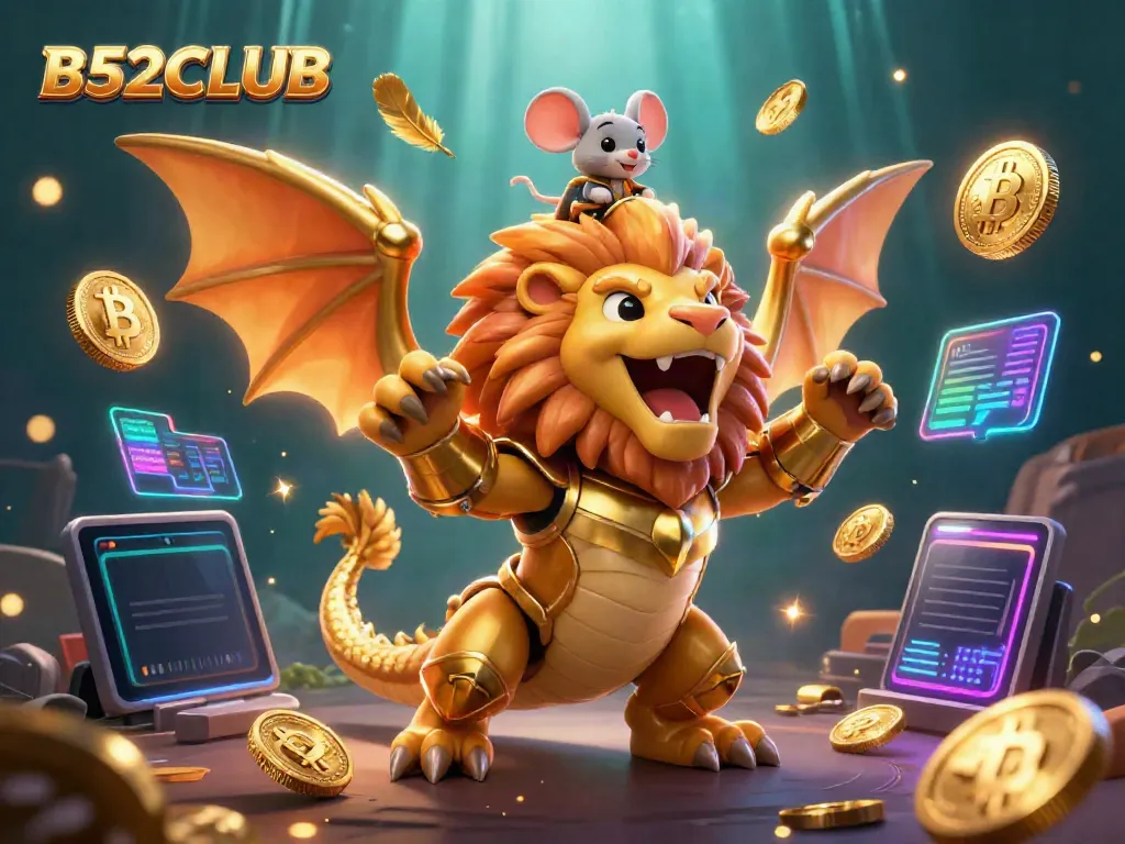 Experience the thrill of B52CLUB with a 3D chimera roaring triumphantly amid crypto coins.