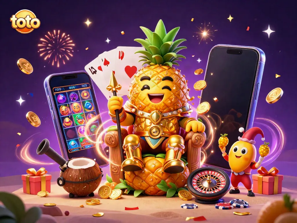 Experience exciting toto action with a golden pineapple king and colorful gaming elements in a vibrant casino scene.