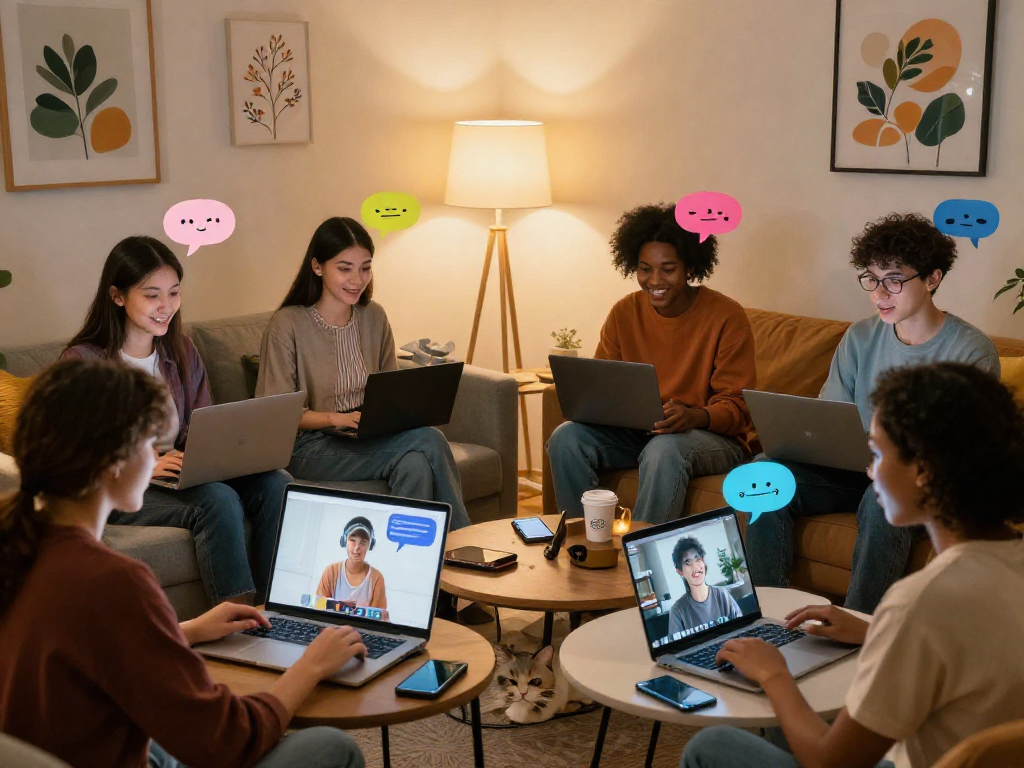 Engaging scene of diverse individuals enjoying nsfw chat in a cozy room, with colorful speech bubbles and modern tech.