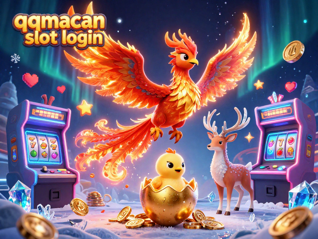 Experience the thrill of qqmacan slot login as animated characters soar amidst vibrant gaming elements.