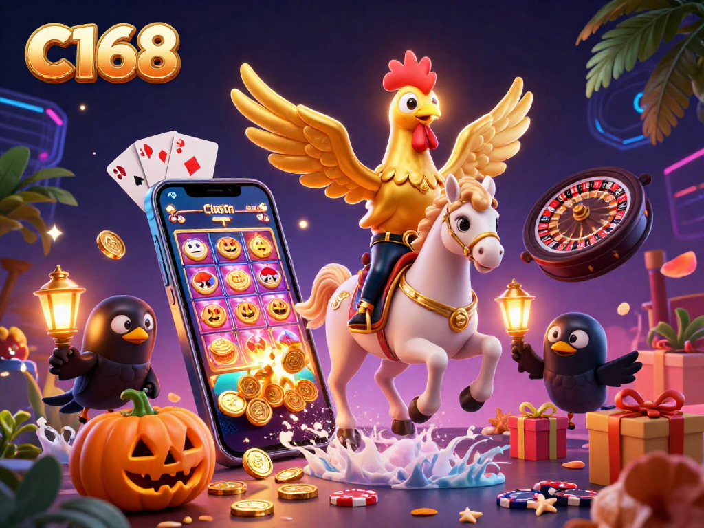 C168 showcases a golden rooster on a spectral horse amidst dynamic casino elements, enhancing the gambling experience.