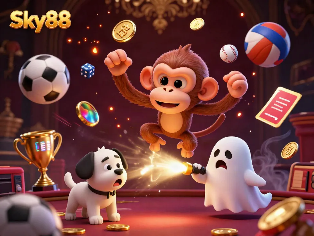 Experience excitement in Sky88's haunted casino, where a poltergeist monkey juggles treasures while a ghost-hunter puppy tracks it.