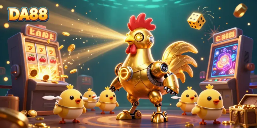 Experience the thrill of DA88 with an explosive casino scene featuring vibrant game elements and engaging characters.