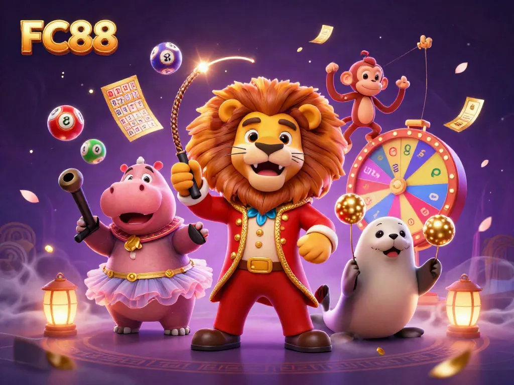 Experience the thrill of FC88 with vibrant 3D characters spinning lottery balls and golden tickets fluttering in the air.