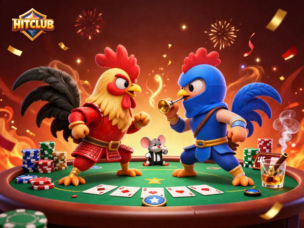 Engage in exciting gameplay at HITCLUB with vibrant roosters amidst poker action.