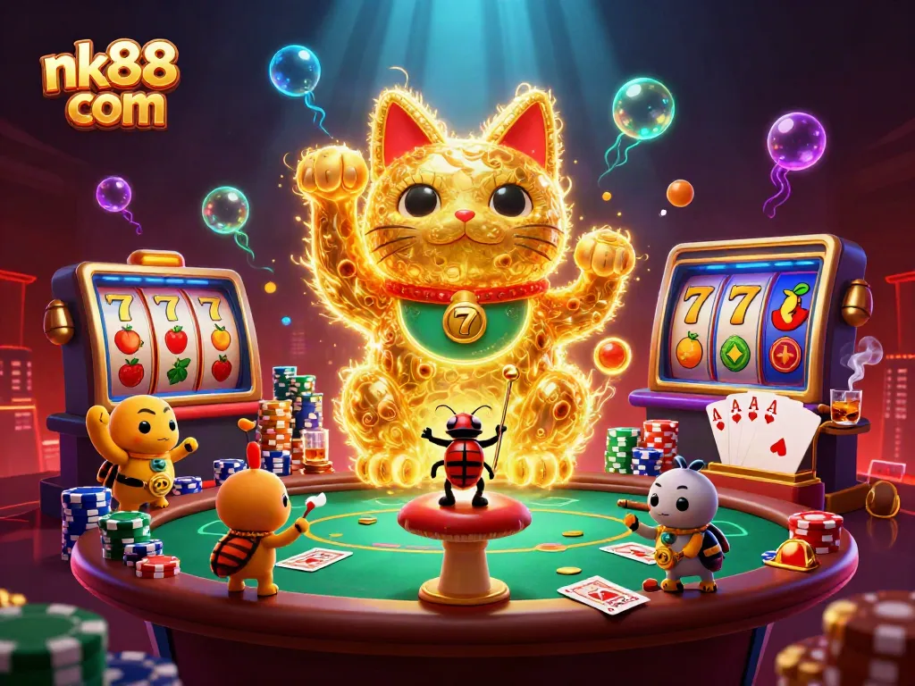 Engage in immersive gaming at nk88 com with a giant lucky cat and vibrant slots scene.