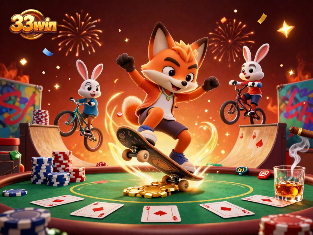 Experience thrilling action with 33win as the skateboarder fox jumps over poker chips in this vibrant scene.