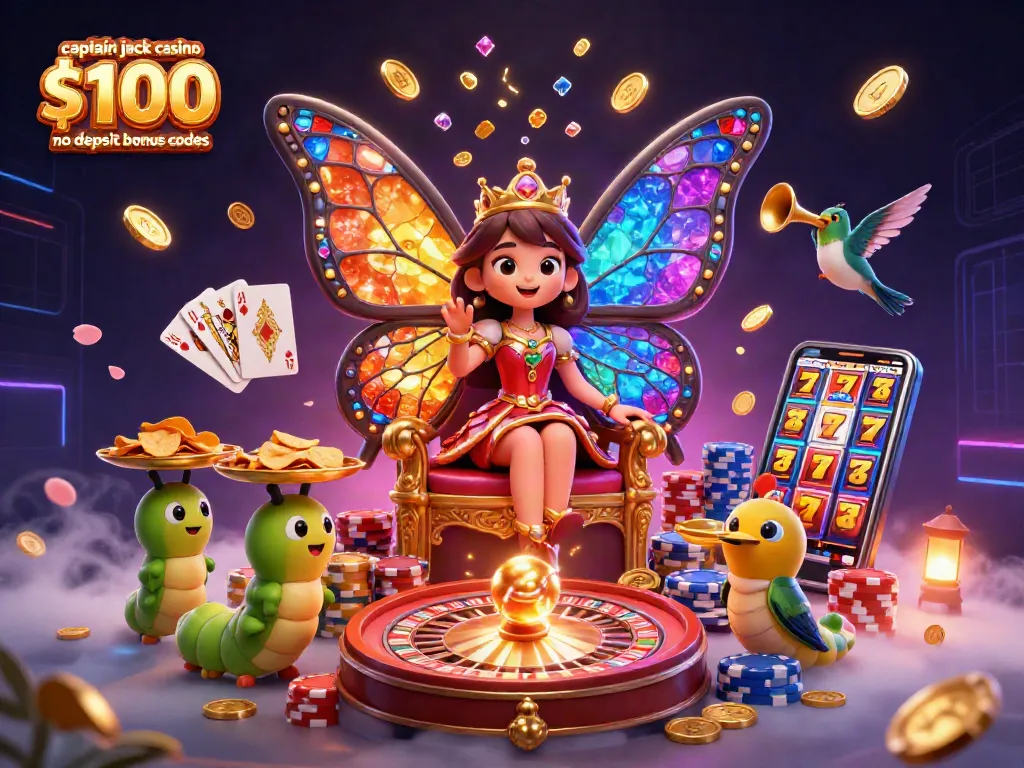 Cascade of luck with captain jack casino $100 no deposit bonus codes, enchanted scene of a butterfly queen, casino elements, and vibrant colors.