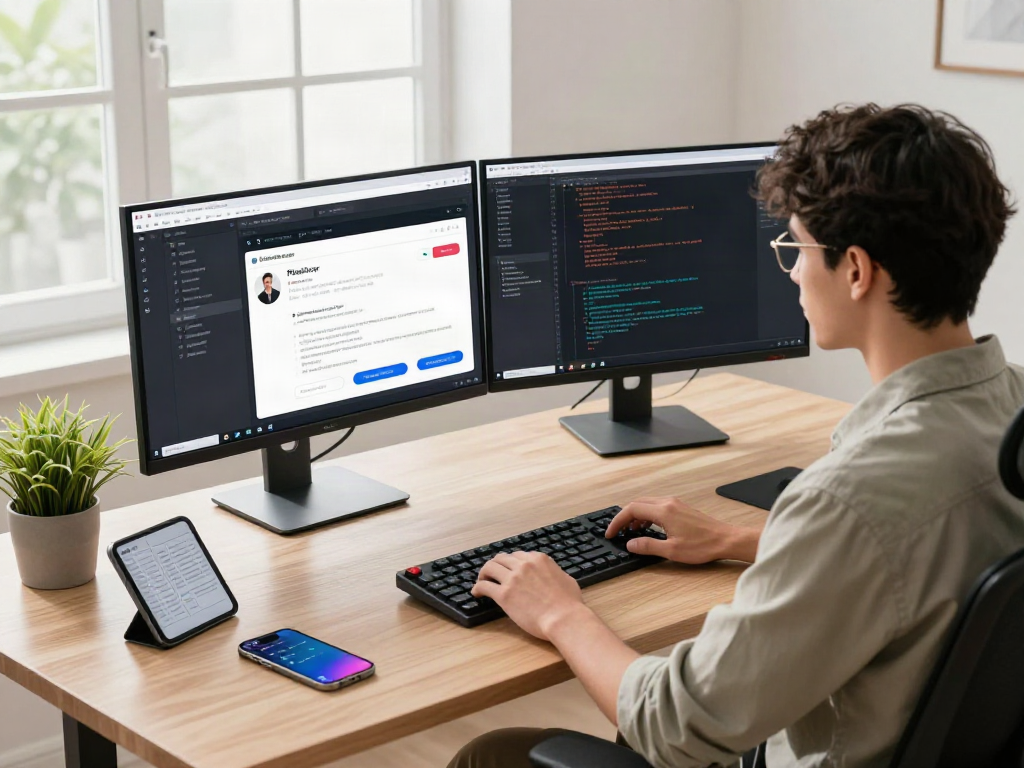 Engaged professional in a modern office, showcasing the Pikashow app download on dual monitors.