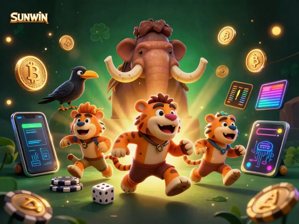 SUNWIN players enjoy a vibrant prehistoric casino with cartoon cavemen, dazzling crypto coins, and stunning visuals.