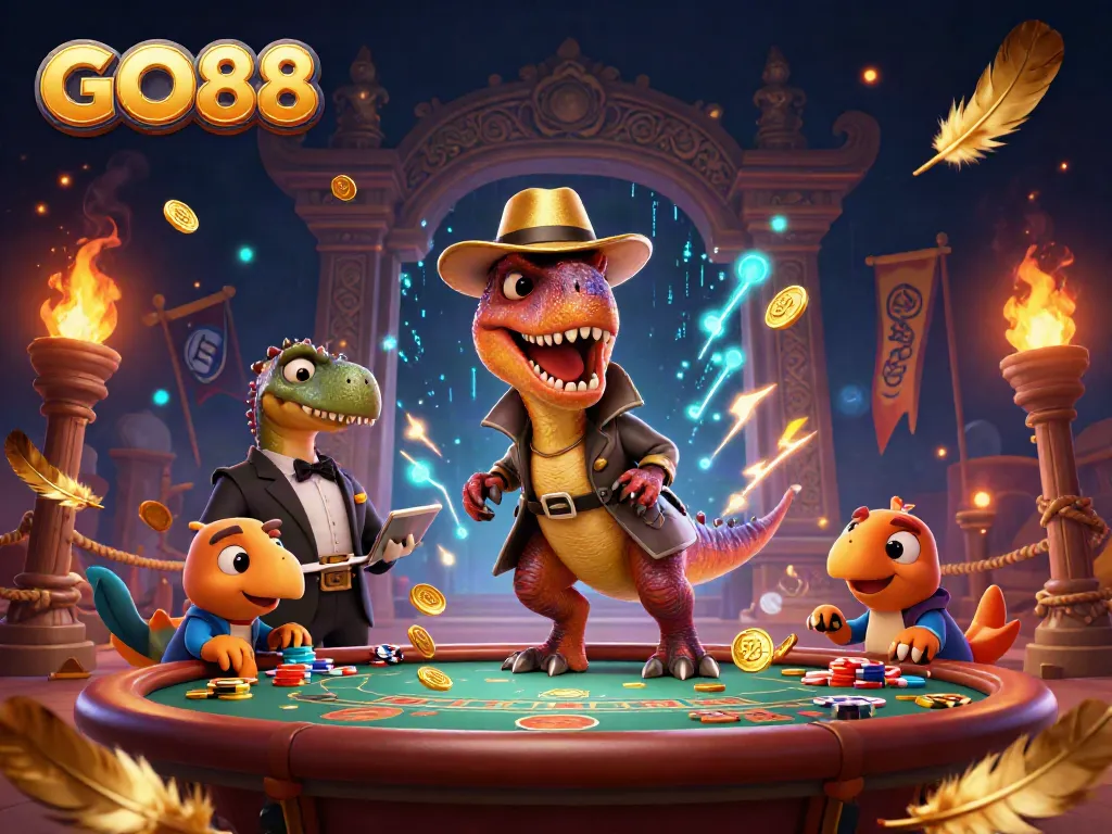 GO88 velociraptor card counter playfully sneaks at blackjack while a stegosaurus pit boss watches over.