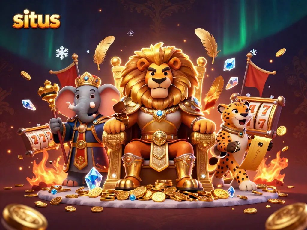 Engage in gaming excitement with the lion king, symbolizing situs, amidst slot reels and gold coins.