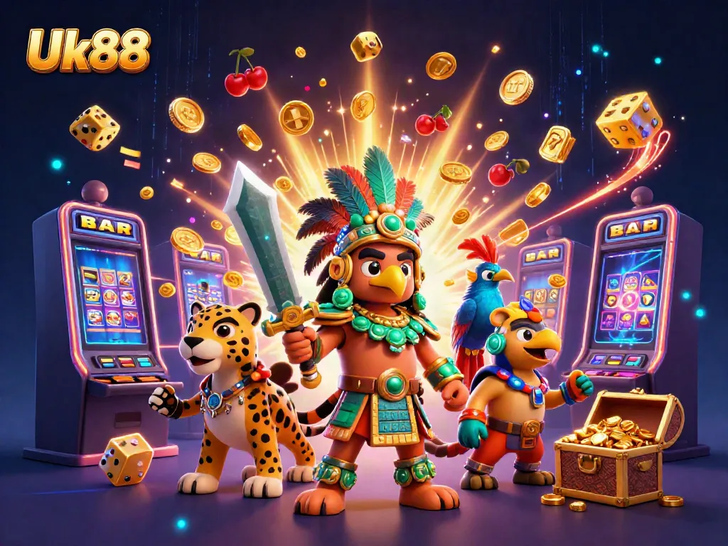 Experience excitement at Uk88 with a 3D cartoon scene of slot machines, eagles, and treasure.