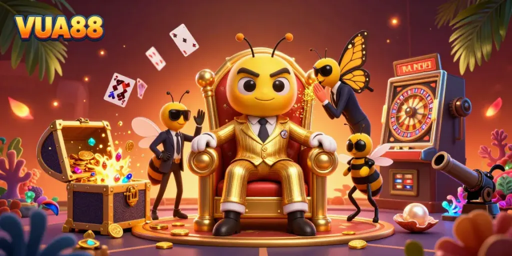 Experience the thrilling world of VUA88 with detailed casino characters in an energetic setting.