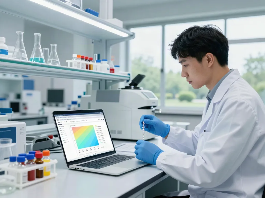 Scientist in a lab analyzing peptide samples on a peptide comparison website.