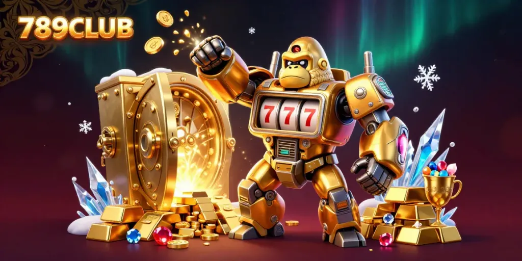 Experience the dynamic action of 789CLUB's gaming adventure with a golden gorilla mech and treasures.