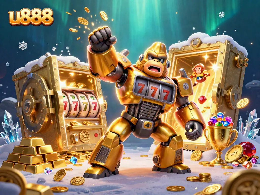 Experience u888's thrilling slots with a dynamic 3D illustration of a golden gorilla mech.