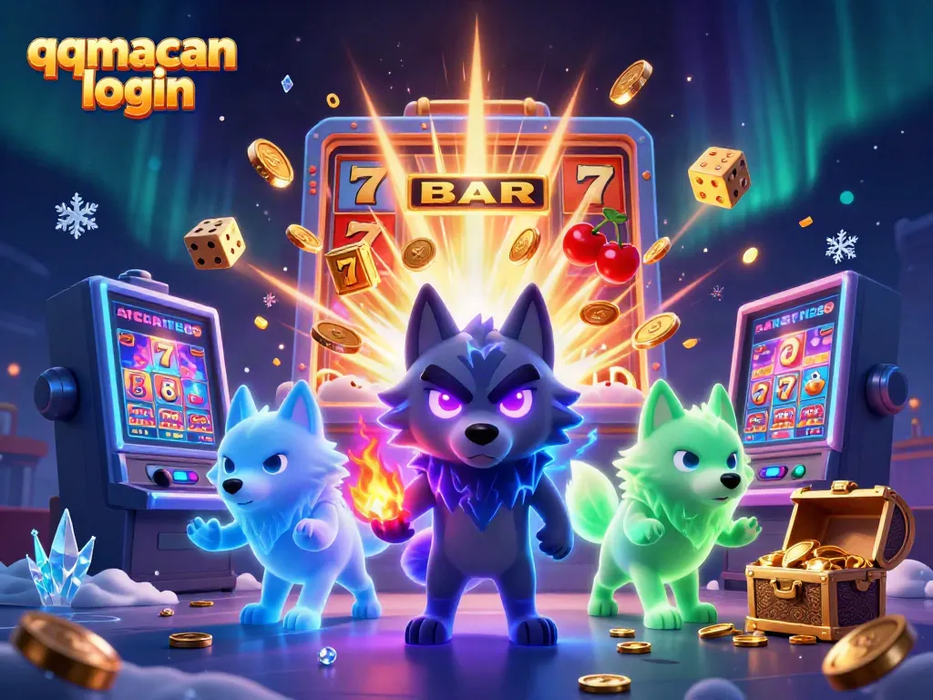 Engage in thrilling gameplay with qqmacan login featuring a dynamic scene filled with vibrant slot machines and wolf characters.