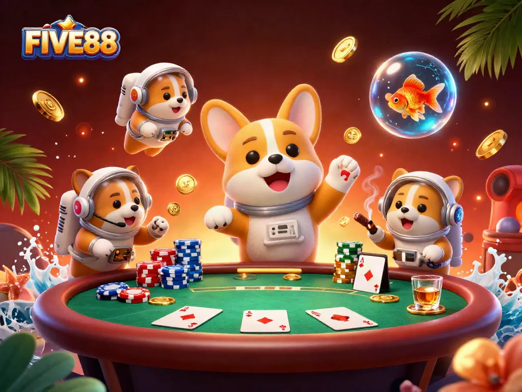 Experience the excitement of FIVE88 with a floating corgi, poker chips, and vibrant casino elements.