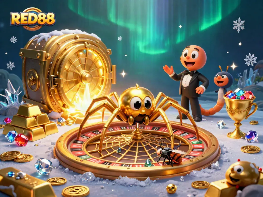 Engage with thrilling RED88 graphics as a fly places bets beside a golden spider and centipede croupier.