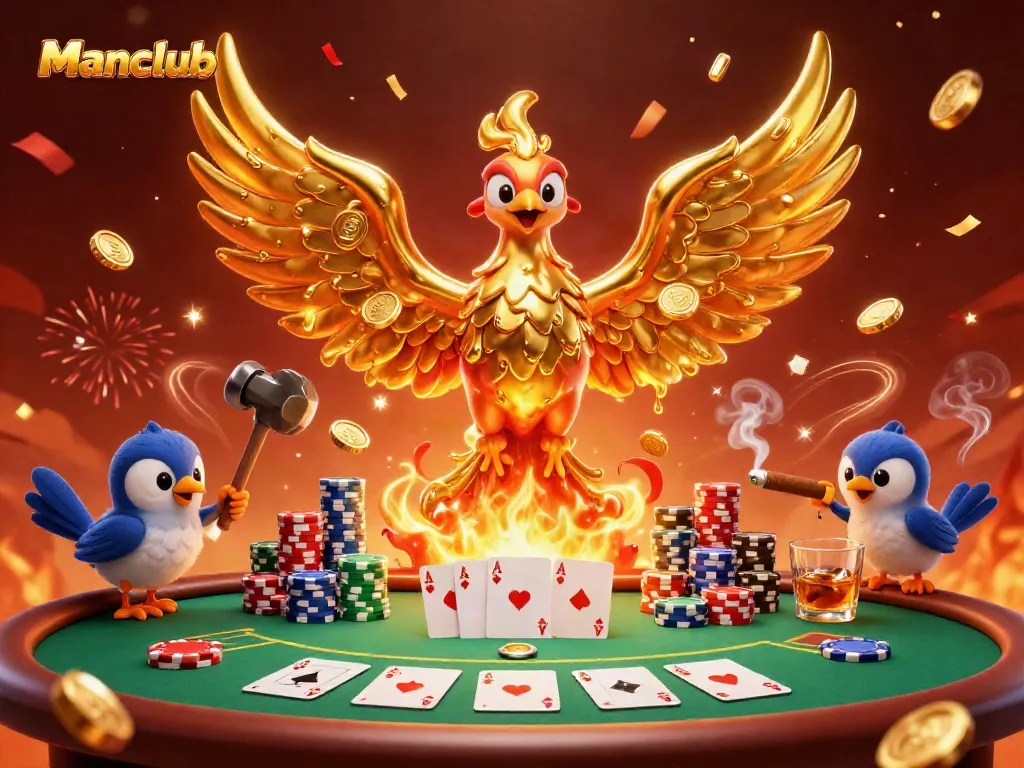 Experience thrilling winnings at Manclub with a dynamic casino scene featuring golden phoenix and poker elements.