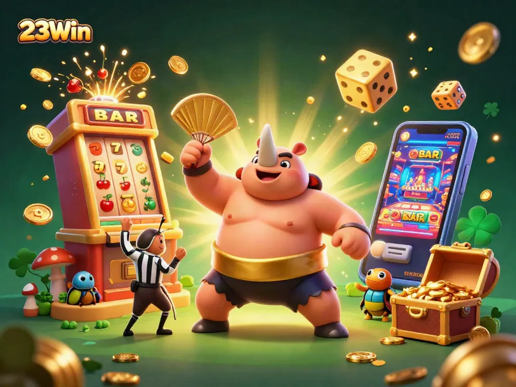 Experience thrilling gameplay with 23Win as a beetle champion stomps gold coins amid casino chaos.