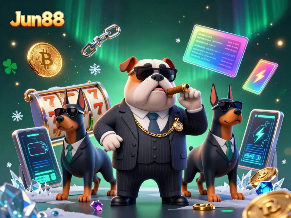 Jun88 promotes high-stakes slot gaming with dynamic visuals of characters amid vibrant gameplay elements.