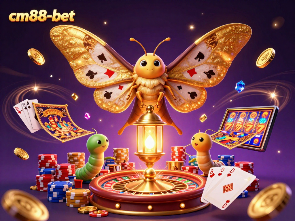 Experience vibrant casino magic with cm88-bet featuring majestic moths, golden coins, and roulette action.