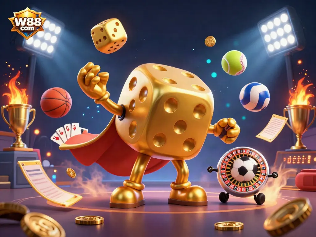 Experience thrilling gaming action with W88 com in this vibrant casino illustration featuring golden dice and sports elements.