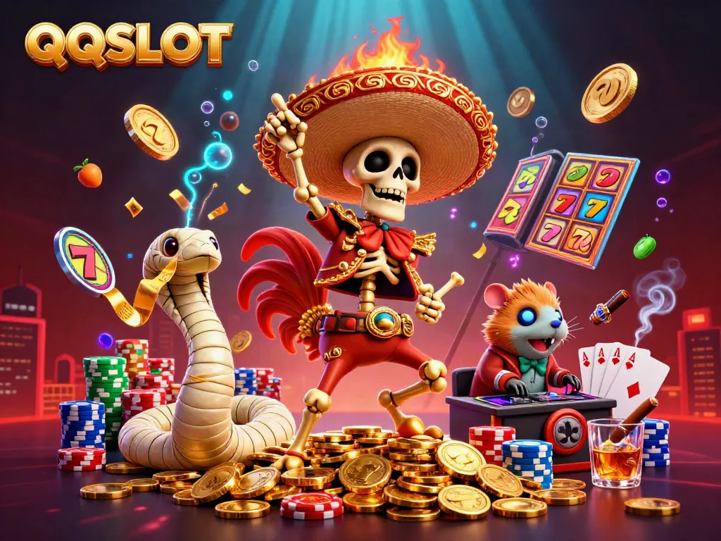 Engaging QQSLOT scene with a vibrant skeleton mariachi rooster, mummy snake, and DJ hamster in a casino setting.
