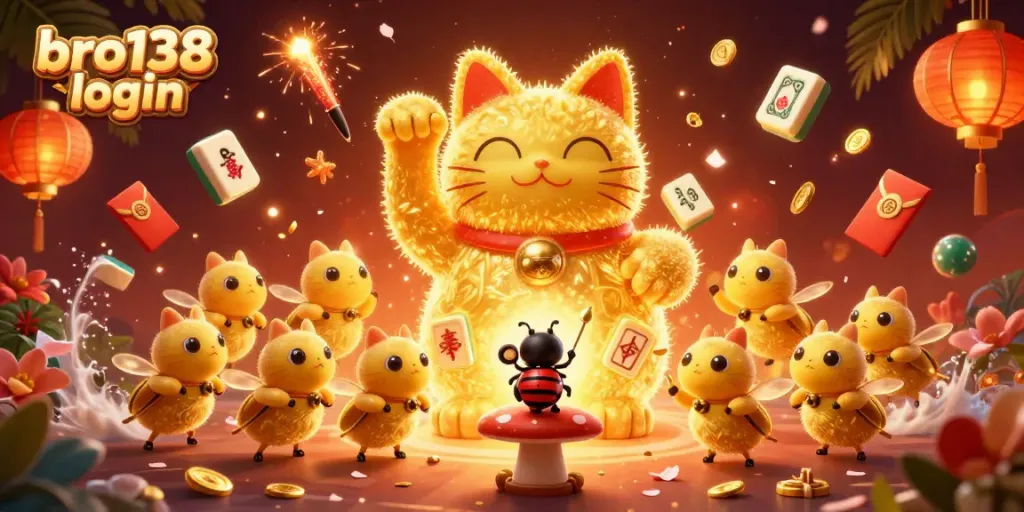 Experience bro138 login excitement with a vibrant scene of a lucky cat and energetic casino symbols.